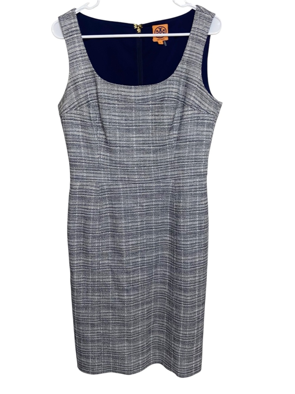 Tory Burch Dress Womens Sz 8 Tweed Sheath Navy Blue Jumper Preppy Career Fall